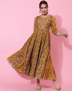 女装 3印度进口新品 纯棉连衣裙印花日常休闲A字长裙收腰黄色