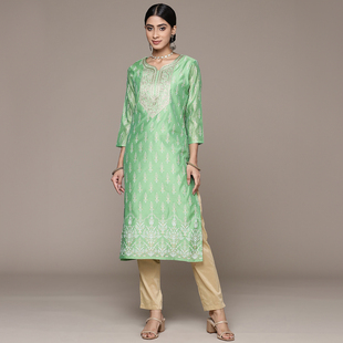 女装 2印度进口新品 绿色 中长款 印花刺绣修身 丝绵上衣七分袖