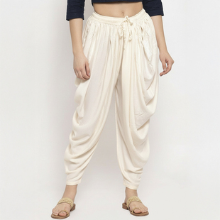 气质褶皱萝卜裤 民族风棉绸成人气质舒适米白色春夏款 女装 印度服装