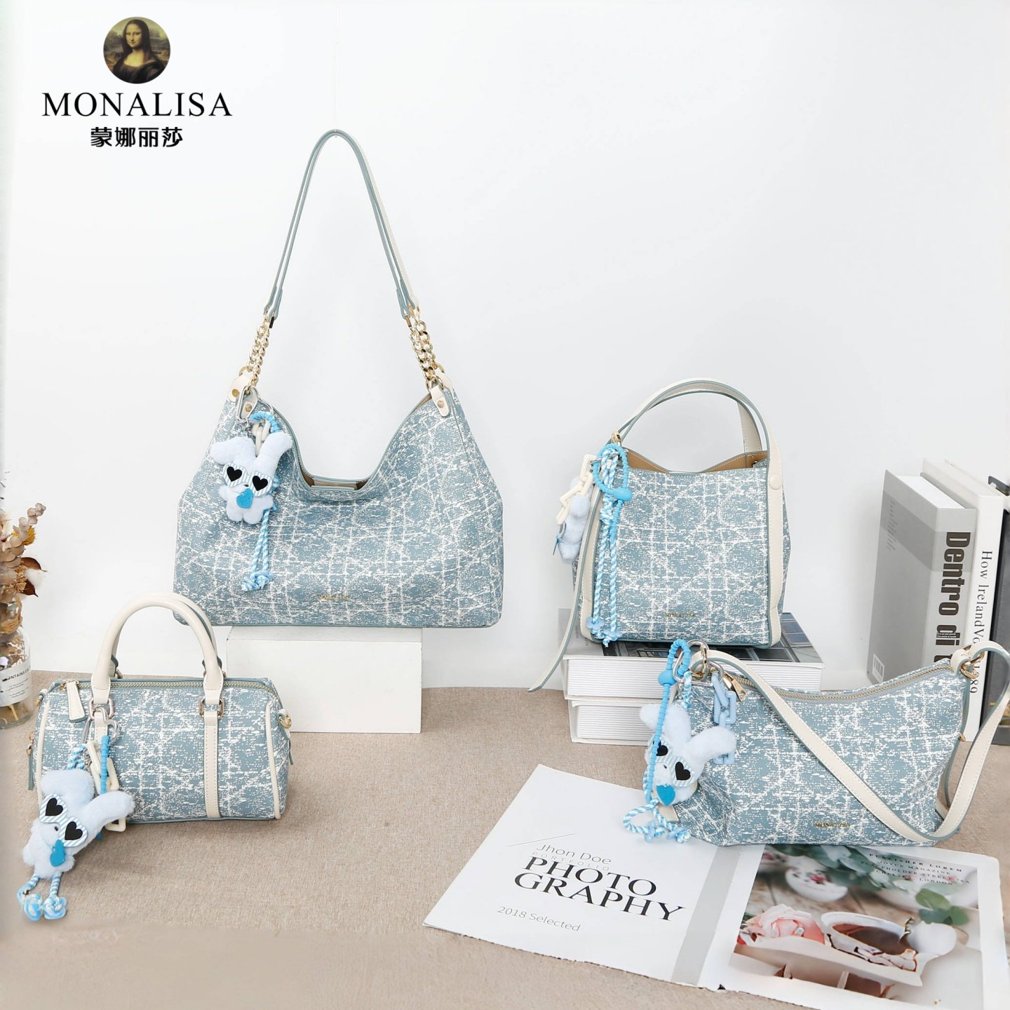 蒙娜丽莎女包2025夏季新款蓝色时尚百搭单肩斜挎手提包通勤腋下包