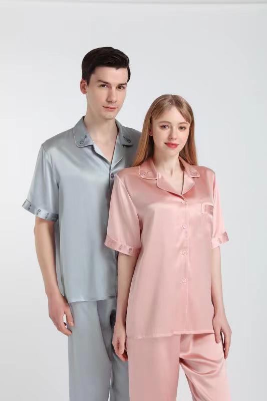丝若水100%桑蚕丝真丝睡衣套装上衣裤子丝绸家居服短袖长裤纯色