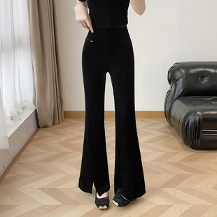 复古垂坠金丝绒微喇裤女前开衩2026年春季新款时尚百搭休闲长裤子