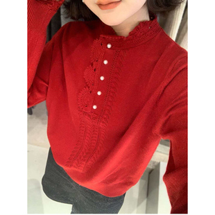 欧洲站2025冬季新款女潮花边勾花镂空立领套头羊毛针织衫红色毛衣