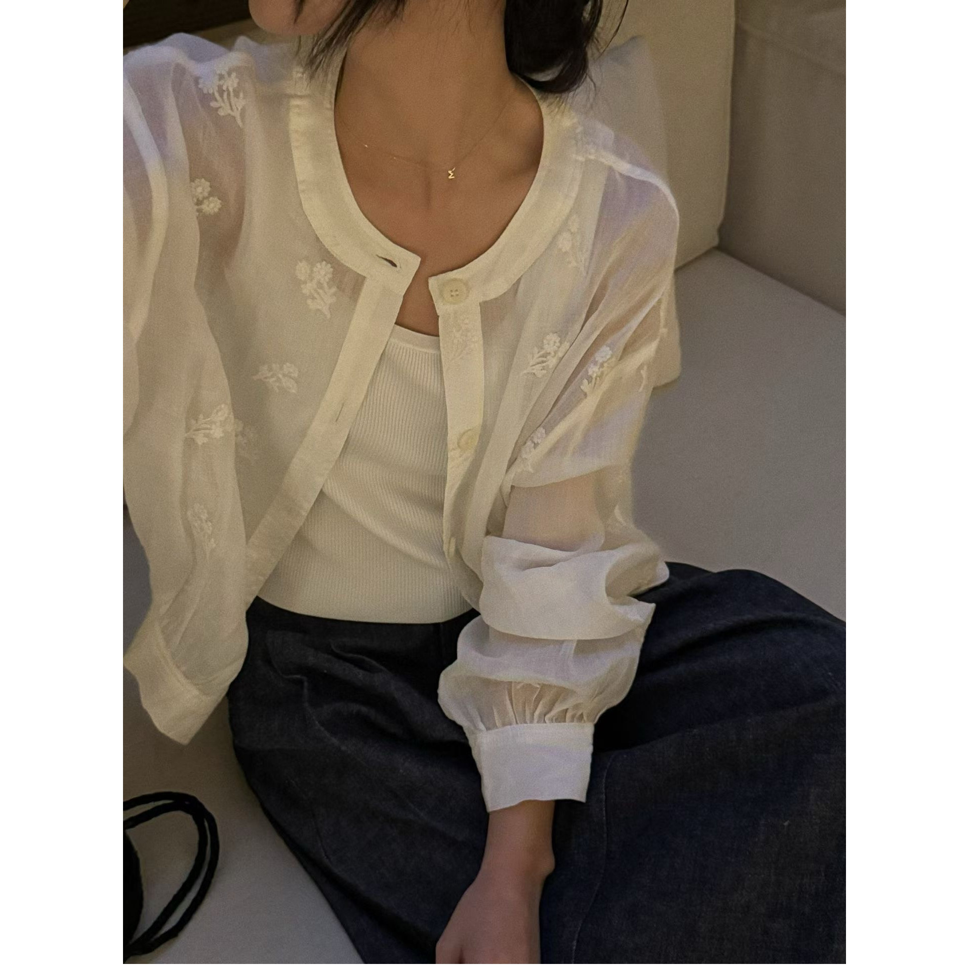 欧洲站2026春季新款欧货女时尚休闲花朵刺绣圆领长袖苎麻衬衫外套