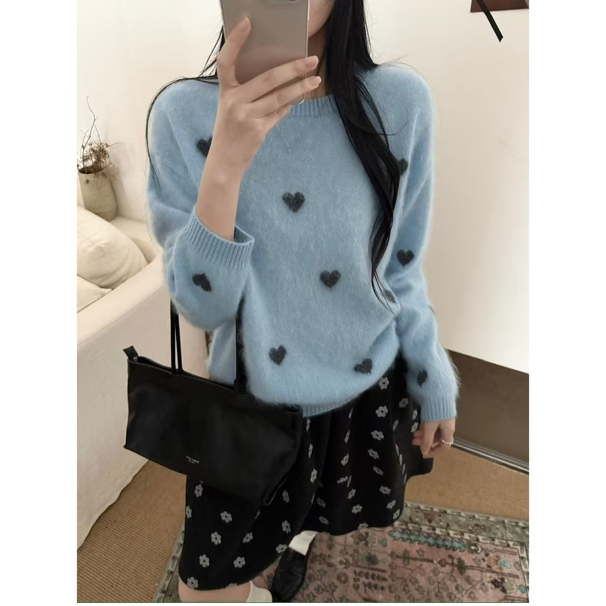 韩版甜美爱心印花圆领拉毛羊毛衫女欧洲站2026秋季套头针织衫毛衣