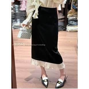 欧洲站2026春季新款女潮下摆荷叶边拼接松紧腰中长款半身裙直筒裙