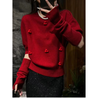 欧洲站2025冬季新款女潮时尚豆豆提花圆领袖套羊毛针织衫红色毛衣