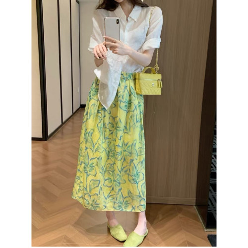 欧洲站2026夏季新款女松紧腰复古碎花印花中长款亚麻半身裙A字裙