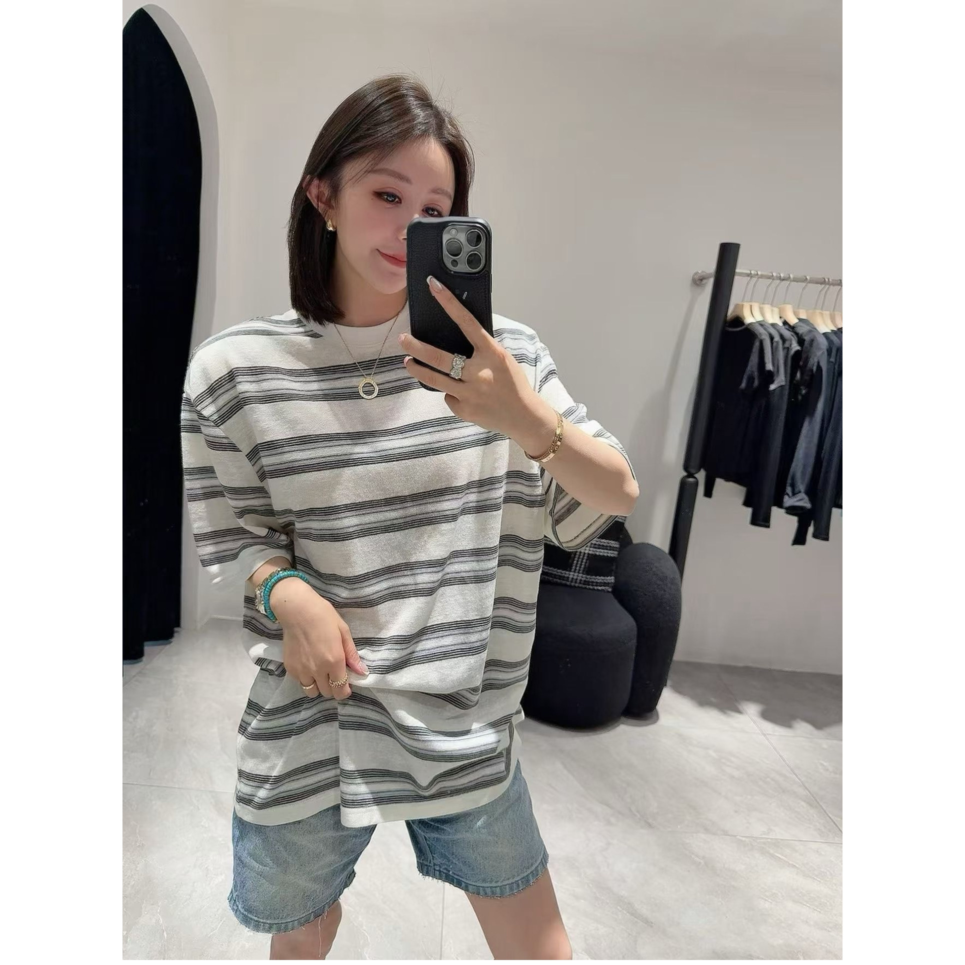 欧洲站2026夏季新款欧货女韩版时尚宽松垫肩圆领短袖条纹T恤上衣