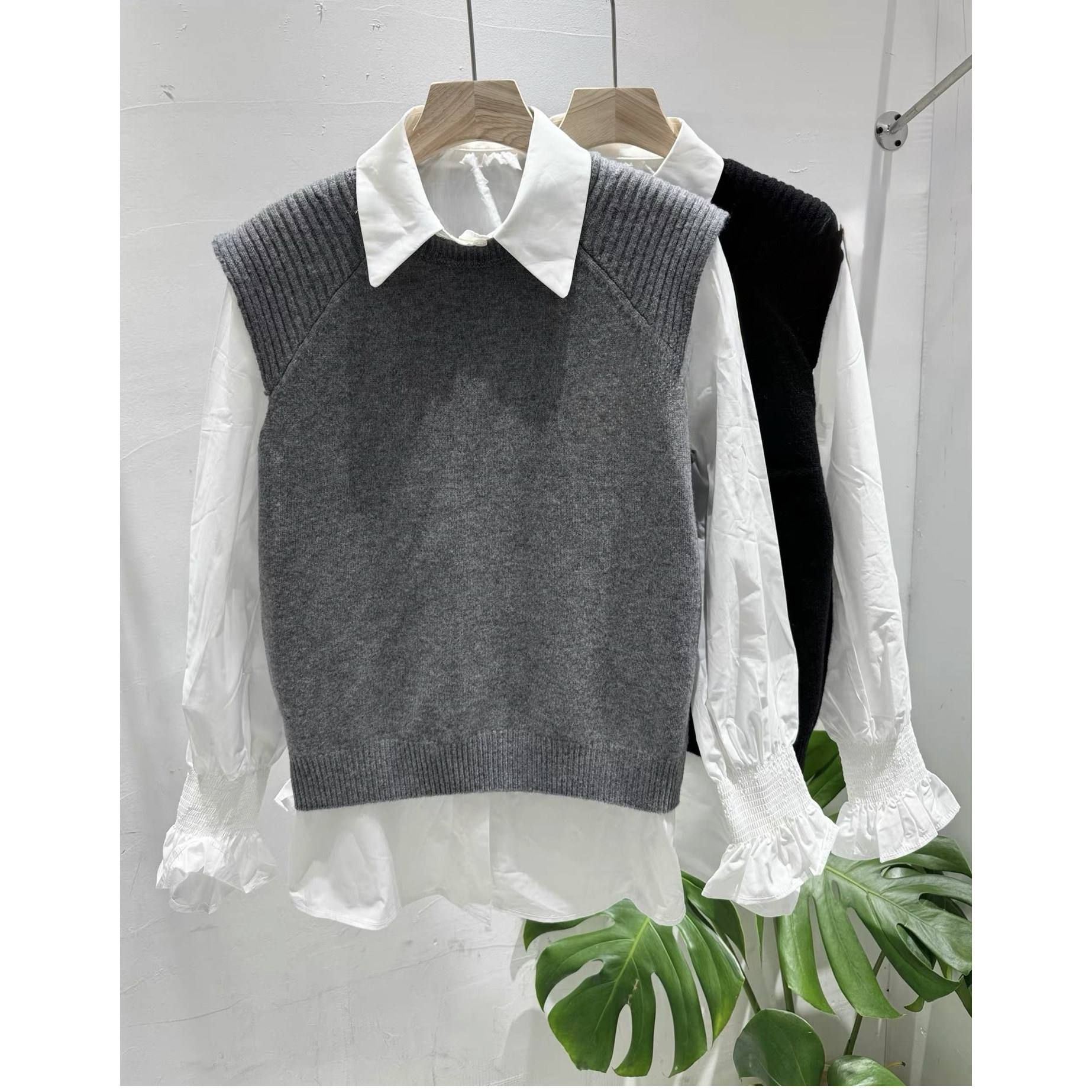 欧洲站2025冬季新款女潮时尚休闲长袖衬衫羊毛针织马甲背心两件套,女装/女士精品,毛针织衫,淘宝优惠券,粉丝福利购,淘宝优惠卷