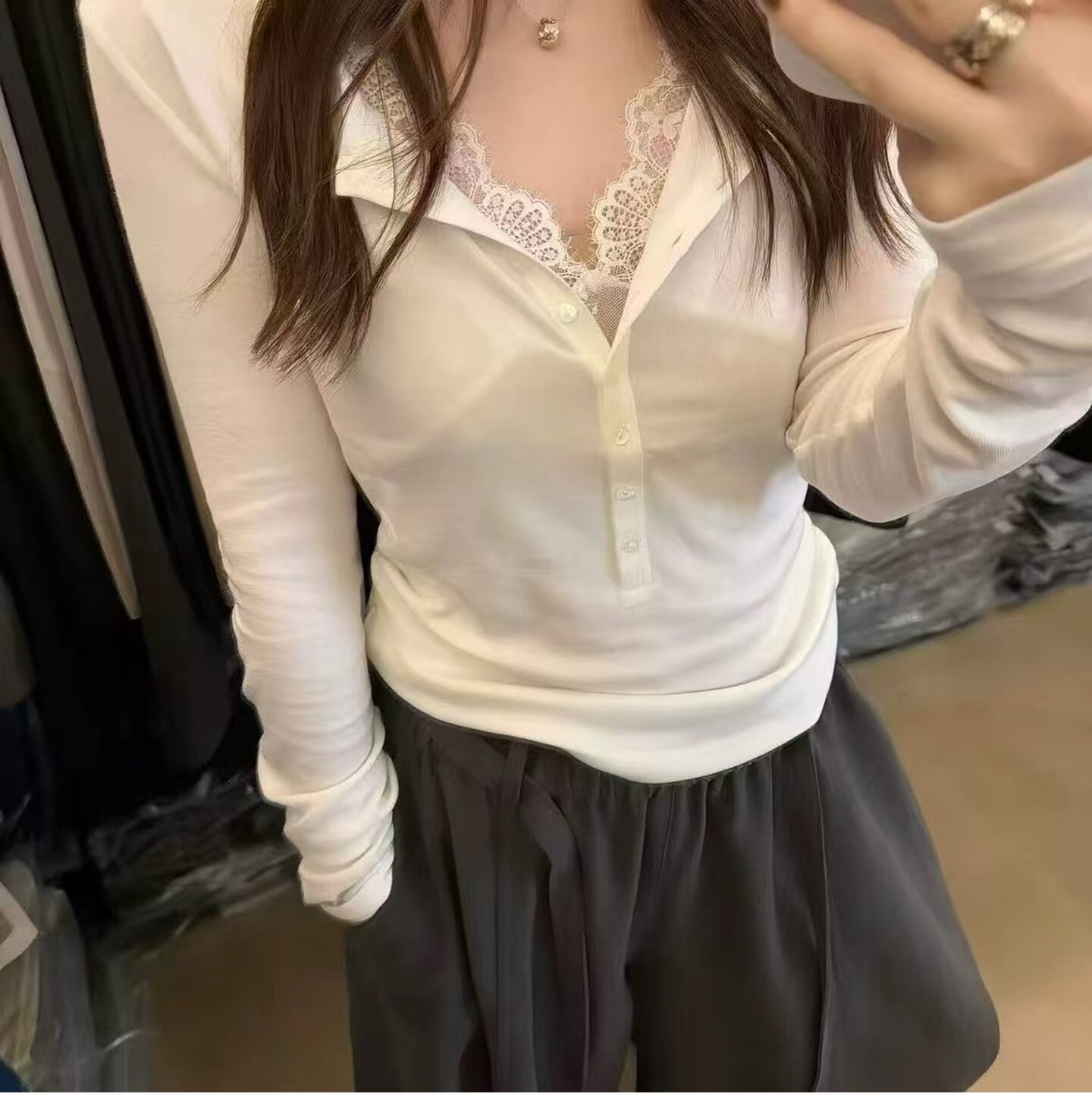 韩版半开领蕾丝拼接长袖T恤女欧洲站2026秋季新款欧货打底衫上衣