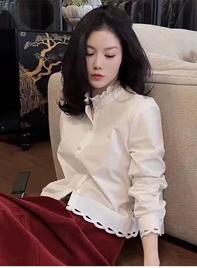 欧洲站2026早春新款欧货女潮时尚气质木耳边立领刺绣镂空长袖衬衫