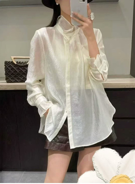 欧洲站2025冬季新款欧货女潮法式复古花苞领长袖天丝衬衫上衣衬衣