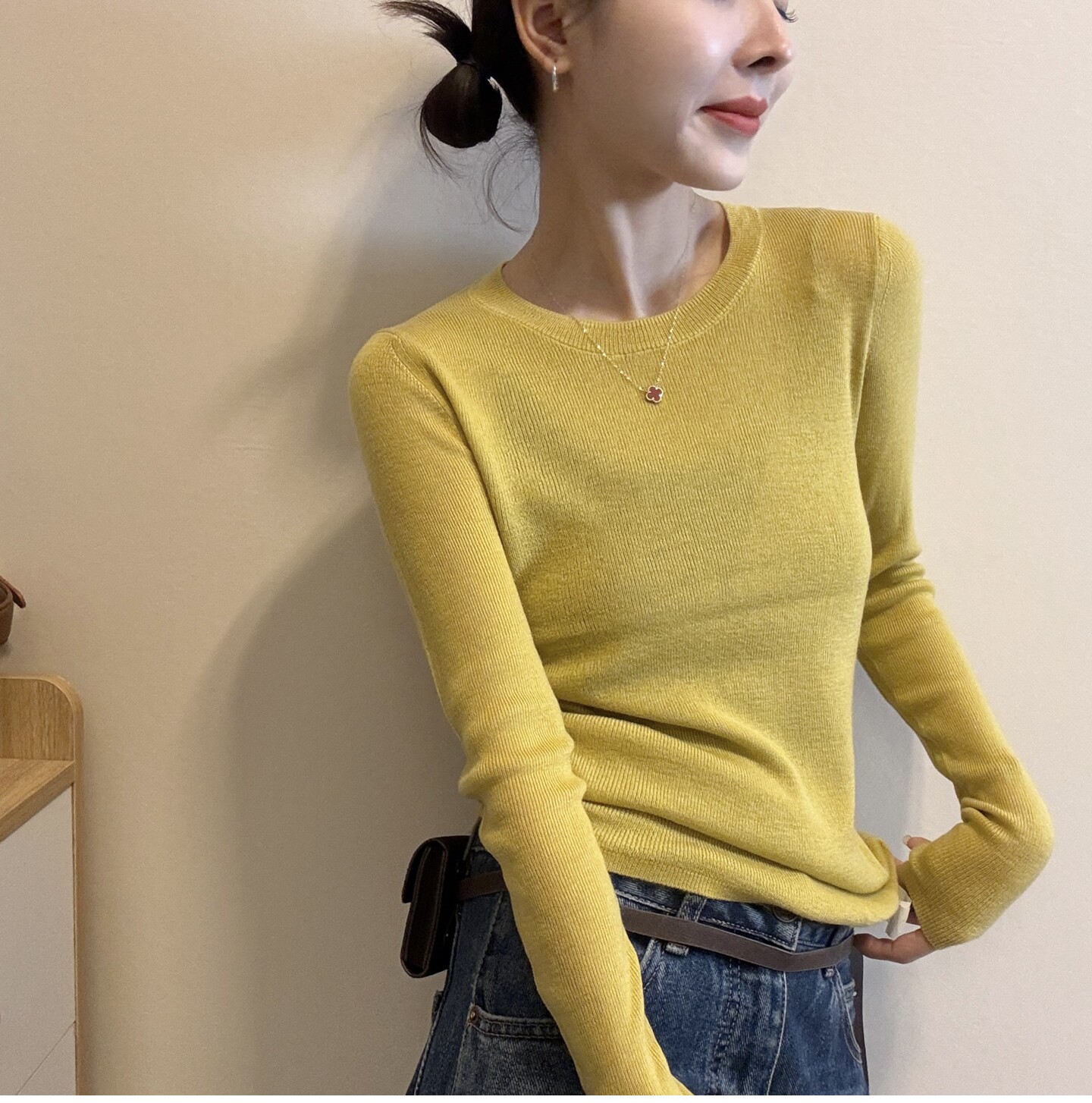 纯色百搭修身圆领长袖羊毛针织衫女欧洲站2026秋季新款套头打底衫