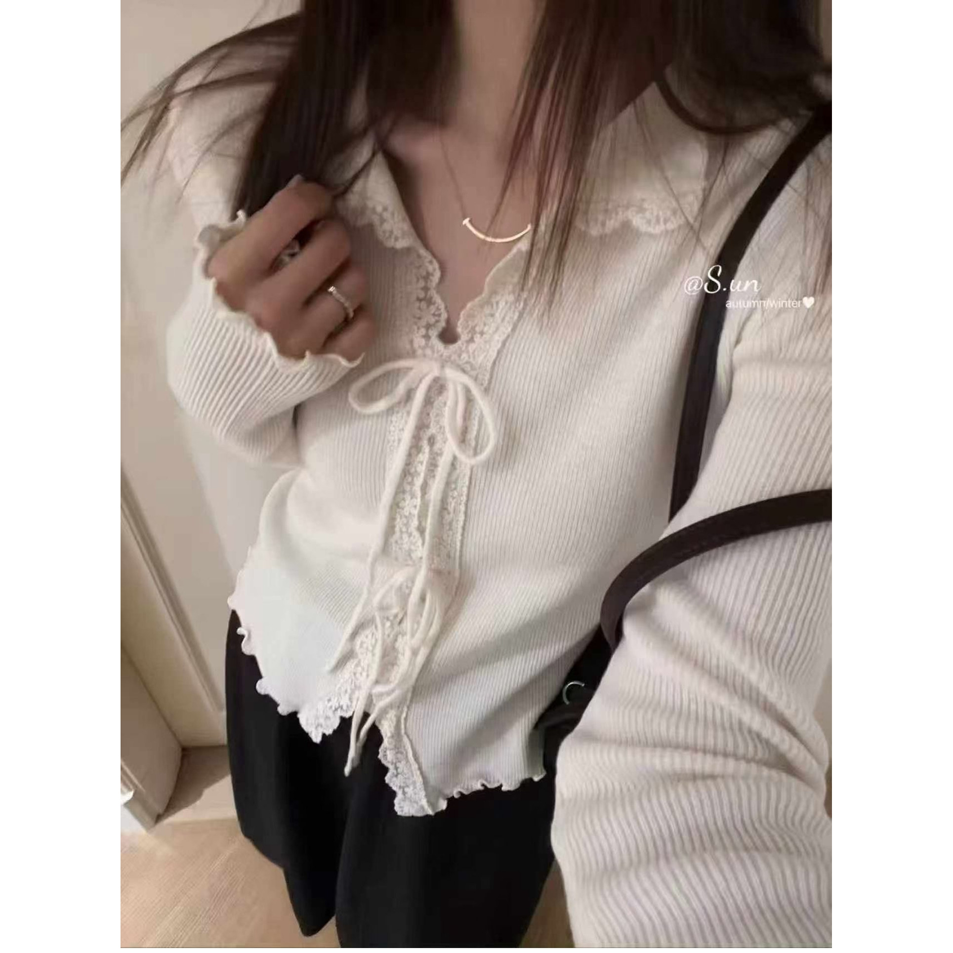 韩版温柔蕾丝边系带翻领羊毛针织开衫打底女欧洲站2026秋季新款