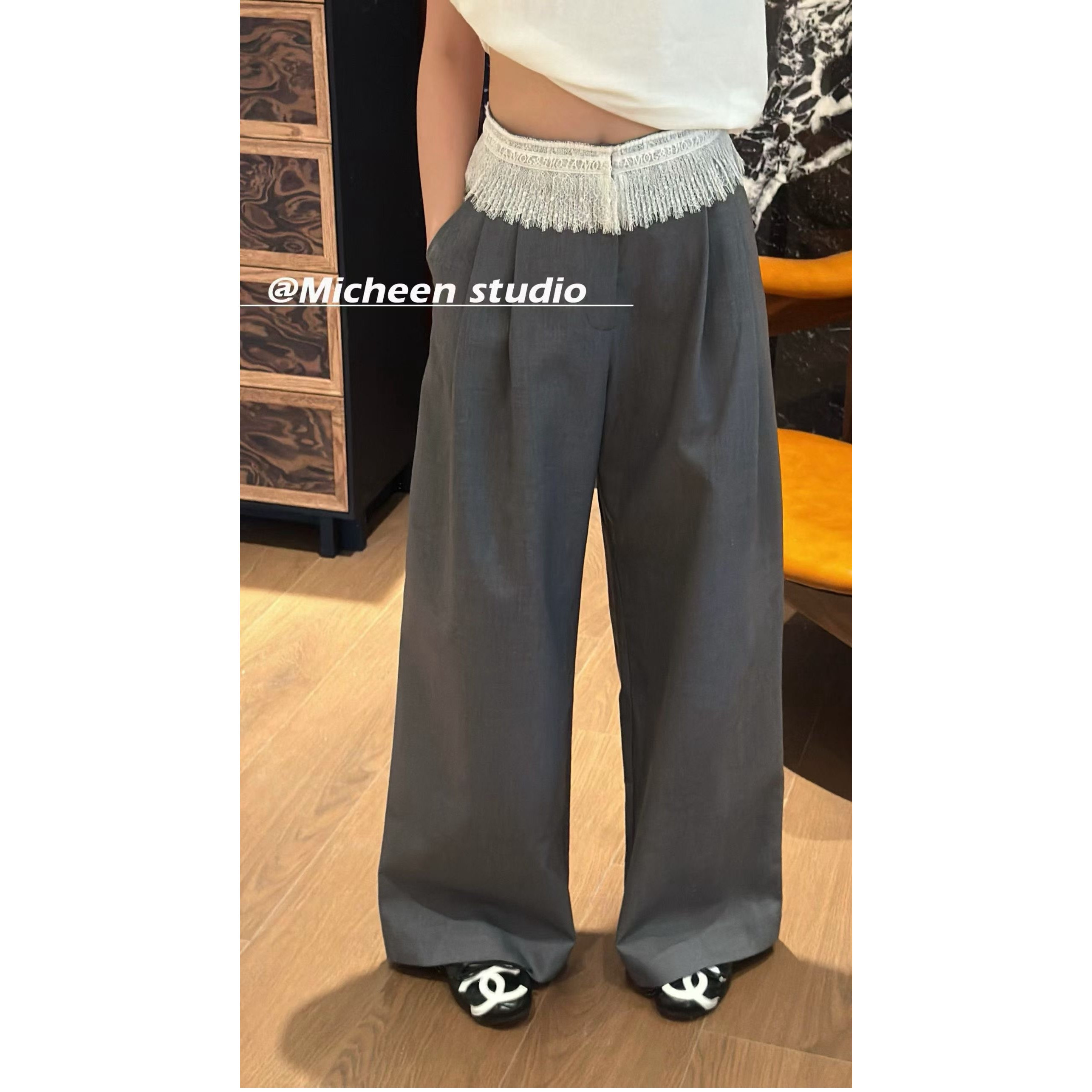 欧洲站2026春季新款女潮高腰显瘦款式蕾丝拼接西装阔腿裤休闲长裤