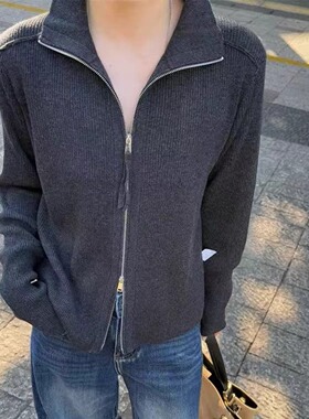 欧洲站2025秋冬新款欧货女纯色百搭休闲拉链立领羊毛针织开衫外套