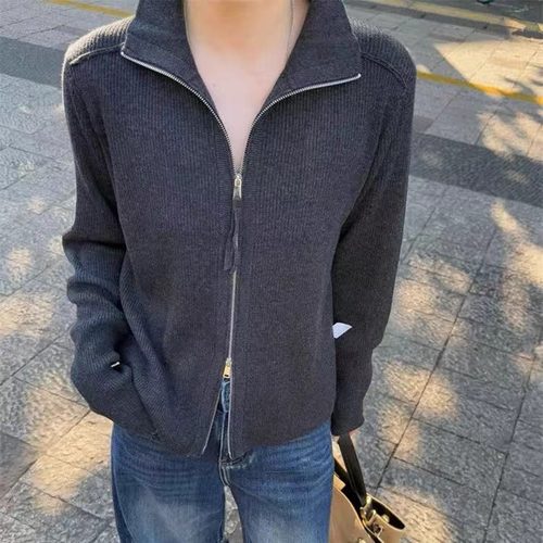 欧洲站2025秋冬新款欧货女纯色百搭休闲拉链立领羊毛针织开衫外套