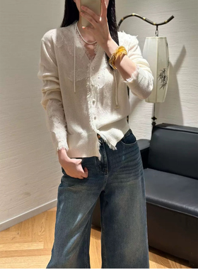 欧洲站2025秋季新款欧货女潮时尚重工蕾丝V领亮片羊毛针织开衫