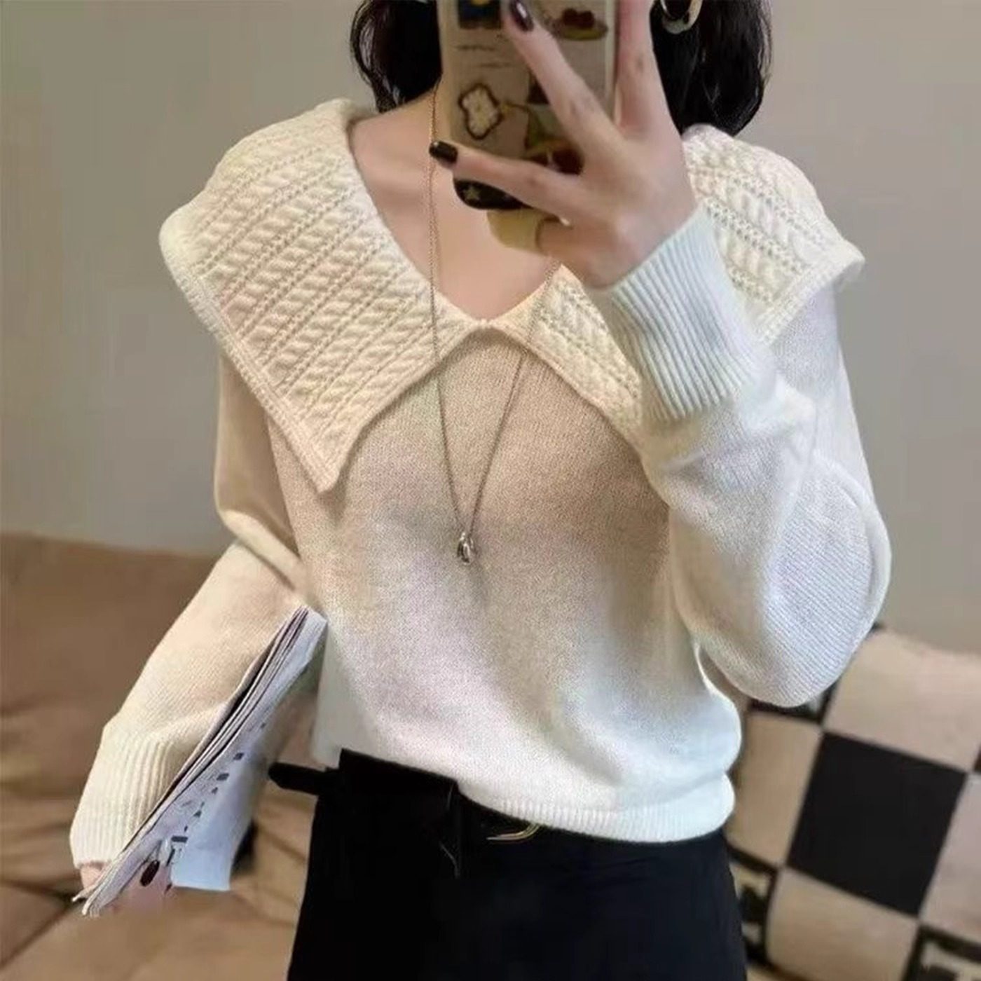 欧洲站2025秋季新款欧货女韩版温柔娃娃领套头长袖羊毛针织衫毛衣