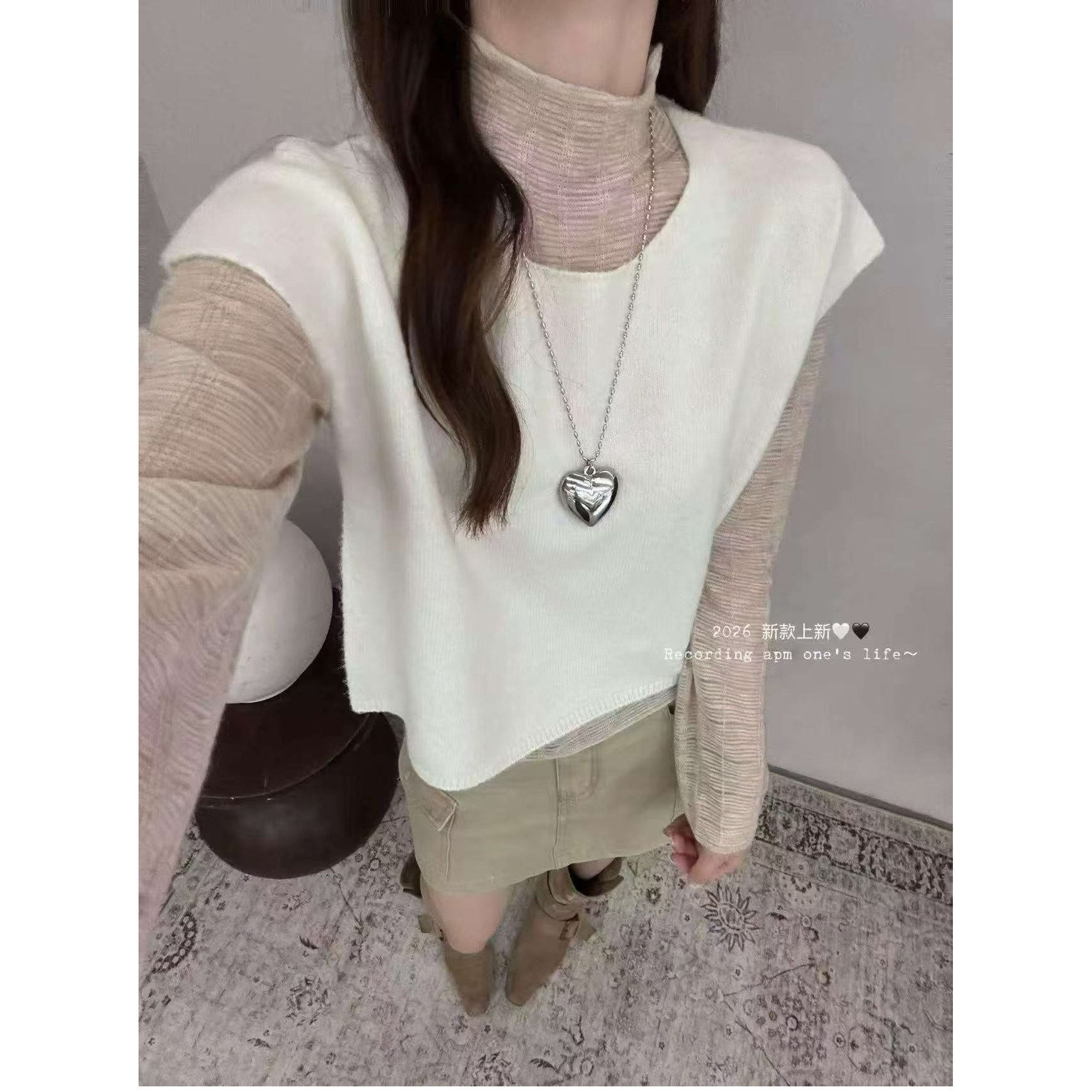 韩版立领网纱打底衫羊毛针织马甲背心两件套女欧洲站2026秋季新款