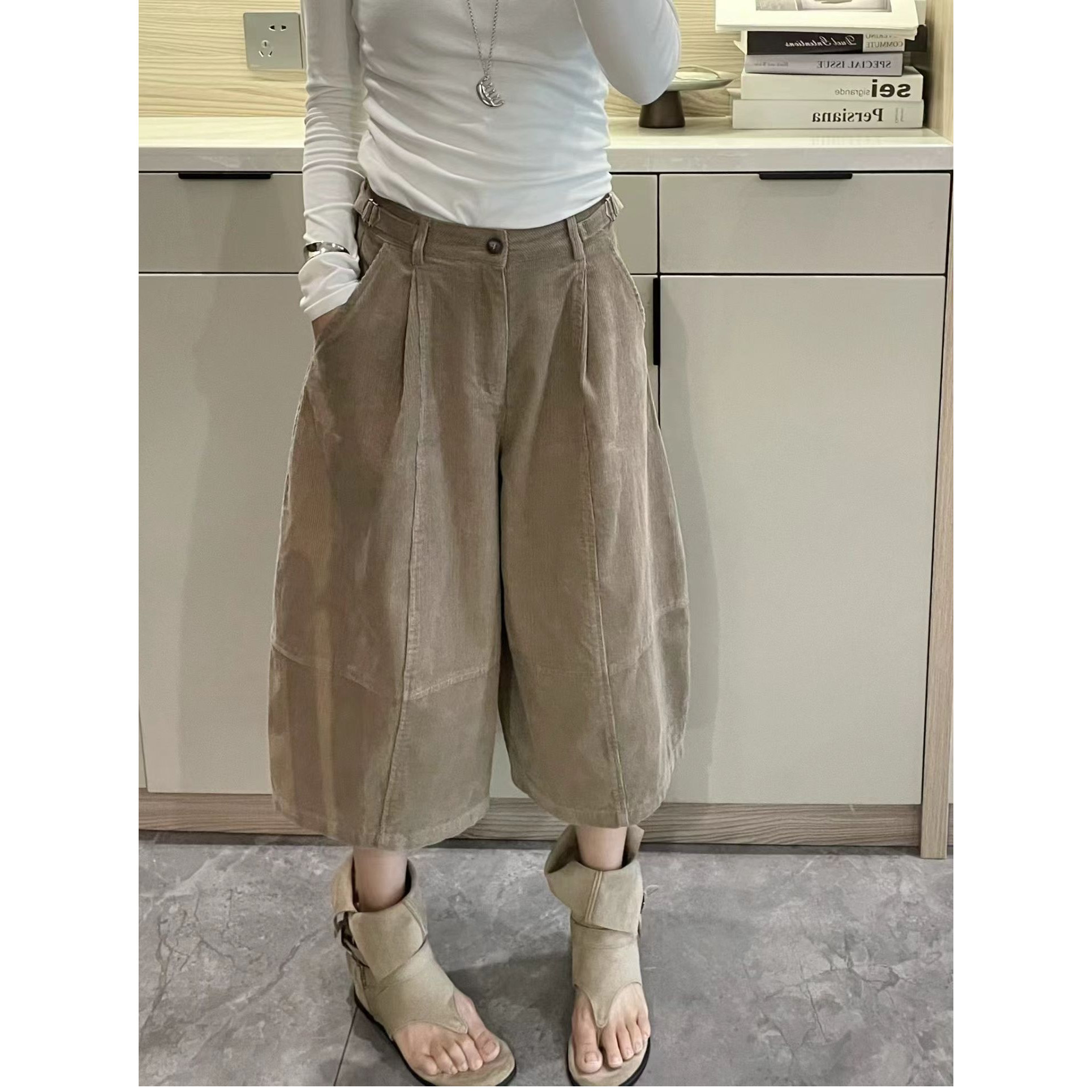 复古宽松灯芯绒阔腿裤七分裤女欧洲站2026秋季新款欧货休闲直筒裤