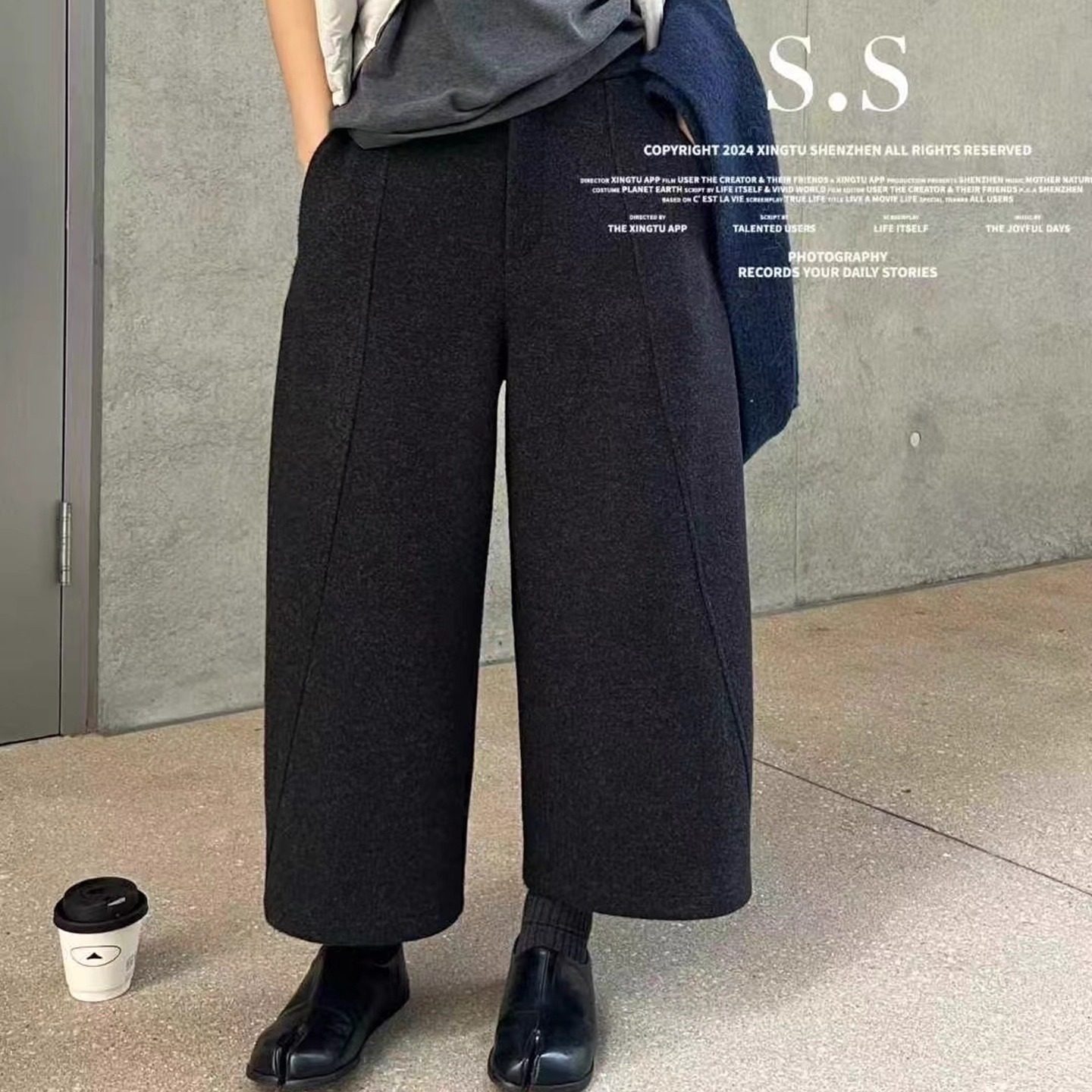 欧洲站2025冬季新款欧货女潮高腰显瘦九分羊毛呢阔腿裤加绒直筒裤