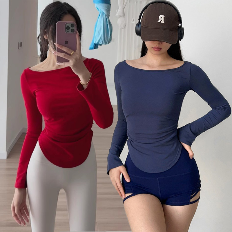 瑜伽健身服显瘦遮肚子运动上衣女2025新款春季一字肩上衣高级感潮