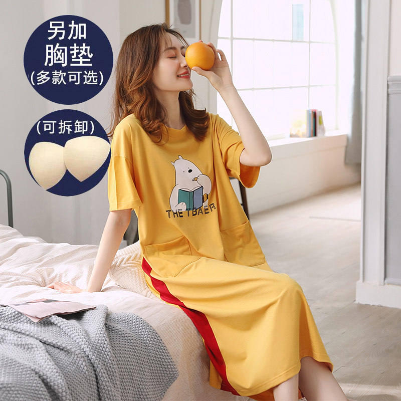 3带胸垫睡裙女夏季纯棉短袖中长款过膝带bra春秋大码可外穿睡衣夏
