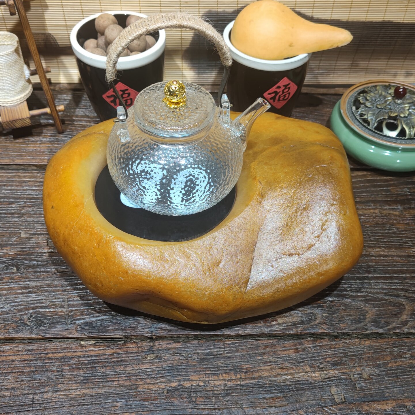新品手工制作天然原石黄龙玉茶炉茶室电陶炉围炉煮茶温茶具