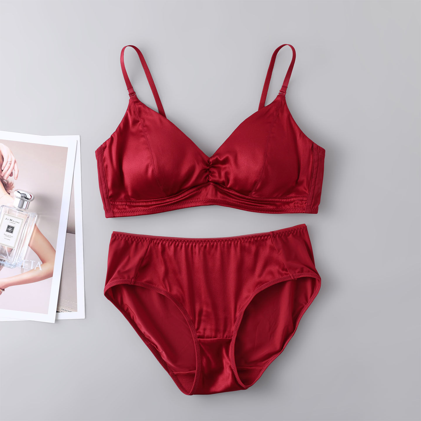 大红色真丝弹力缎文胸套装 高档100%真丝舒适本命年内衣内裤女