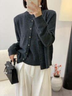 WANGER miu风极简定染羊毛针织开衫小圆领短袖套装两件套