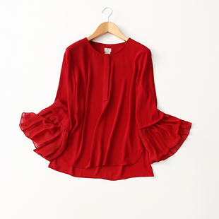 宽松时尚 超仙纯色雪纺衫 高品质客供雪纺上衣 拼接喇叭袖 外贸出口