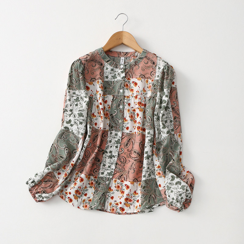 外单出口 拼接民族风青果印花 高品质圆领长袖宽松雪纺衬衫女春秋