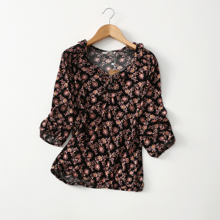 法式 薄款 复古印花薄款 女夏季 V领人造棉套头上衣 棉绸衬衫 外贸出口