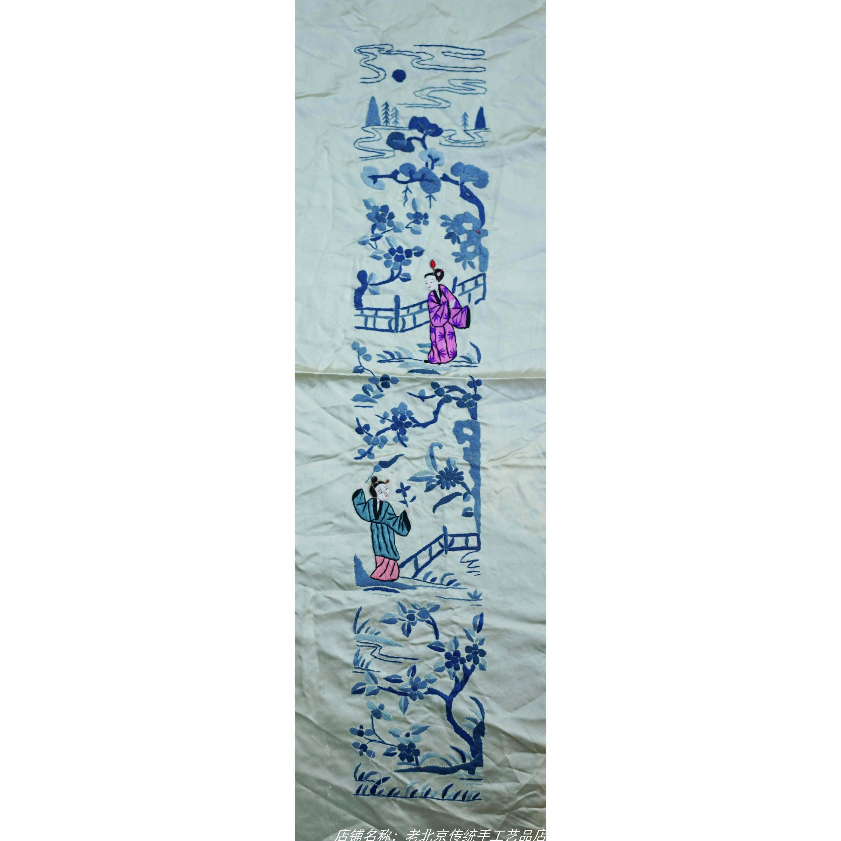 仕女人物图袖口山水对绣民国风格老绣片宫廷绣京绣纯手工刺绣条屏
