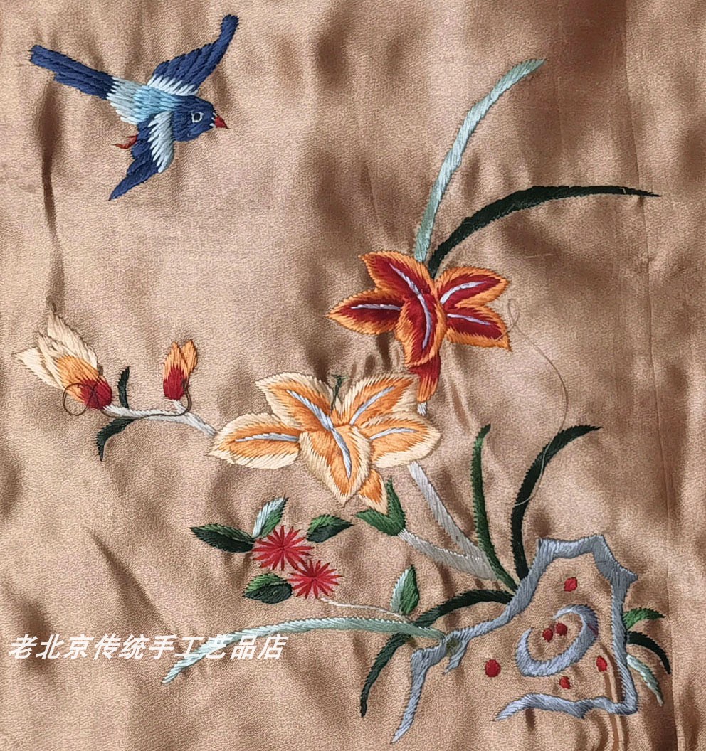 多子多福石榴绣花真丝衣服布料手工绣品老绣片京绣手工艺手工刺绣
