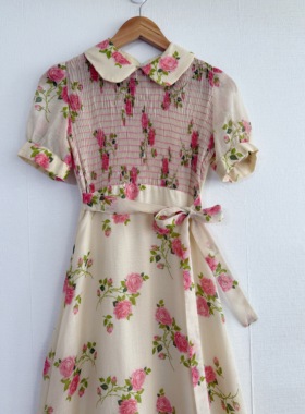 Rose Marry smocking 褶皱彼得潘  蔷薇花柄70年代高腰线棉纱长裙