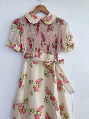 Rose Marry smocking 褶皱彼得潘  蔷薇花柄70年代高腰线棉纱长裙