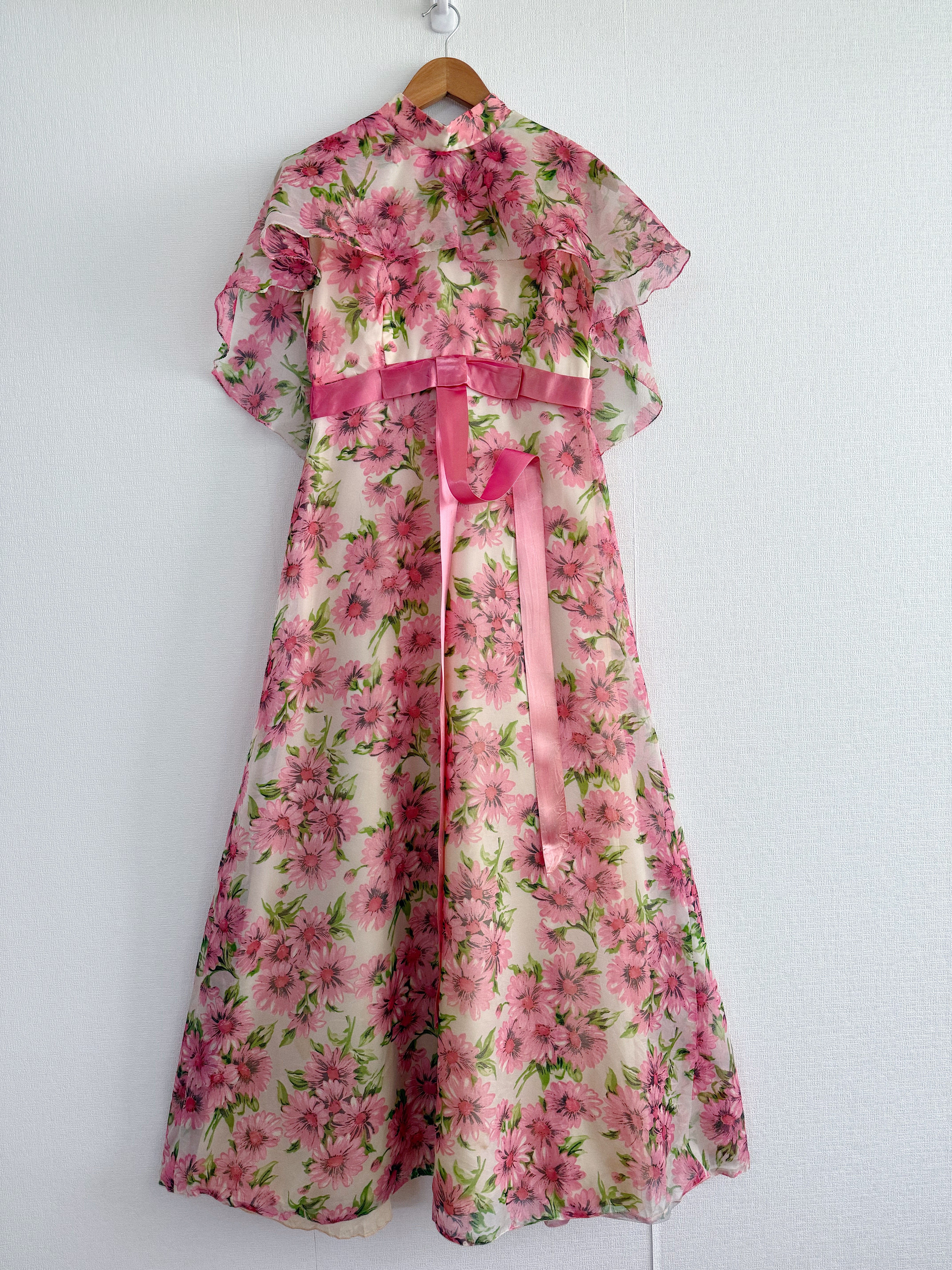 蝴蝶披肩领 玻璃纱粉雏菊花柄 浪漫1970s玻璃纱礼服长裙