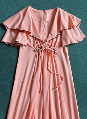 JcPenney 1970s制 荷葉翻領小飛袖高腰線長裙