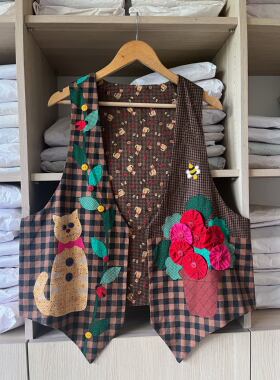 猫咪和花盆 手工贴布缝制 超可爱的立体YoYo花盆 彩色纽扣 童趣款