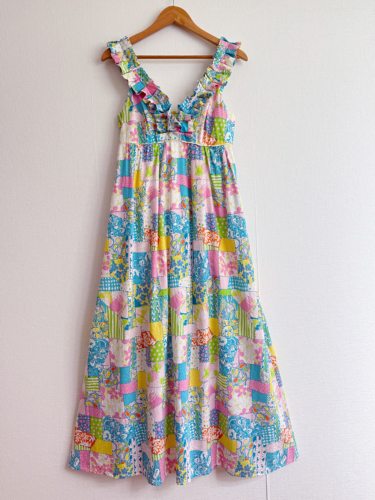 1970s USA pastel patchwork cotton dress 糖果色拼布印花洋装