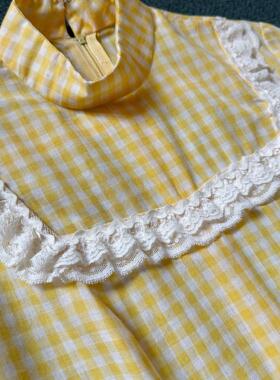 元气黄格纹 宫廷骑士袖棉布长裙 talon拉链1970s dress