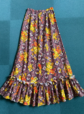 60-70s嬉皮花卉图腾半裙｜ 花边裙摆 橘黄色花朵+大地色花藤