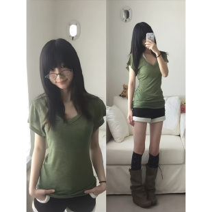 松弛感收腰显瘦辣妹微透上衣 夏季 苔绿色v领正肩短袖 t恤女2026新款