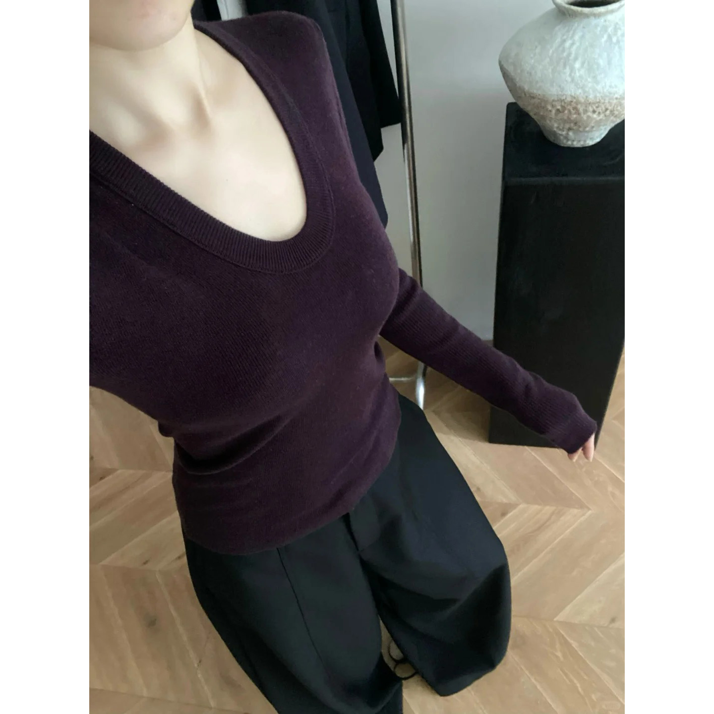 韩系气质紫色低u领正肩长袖针织