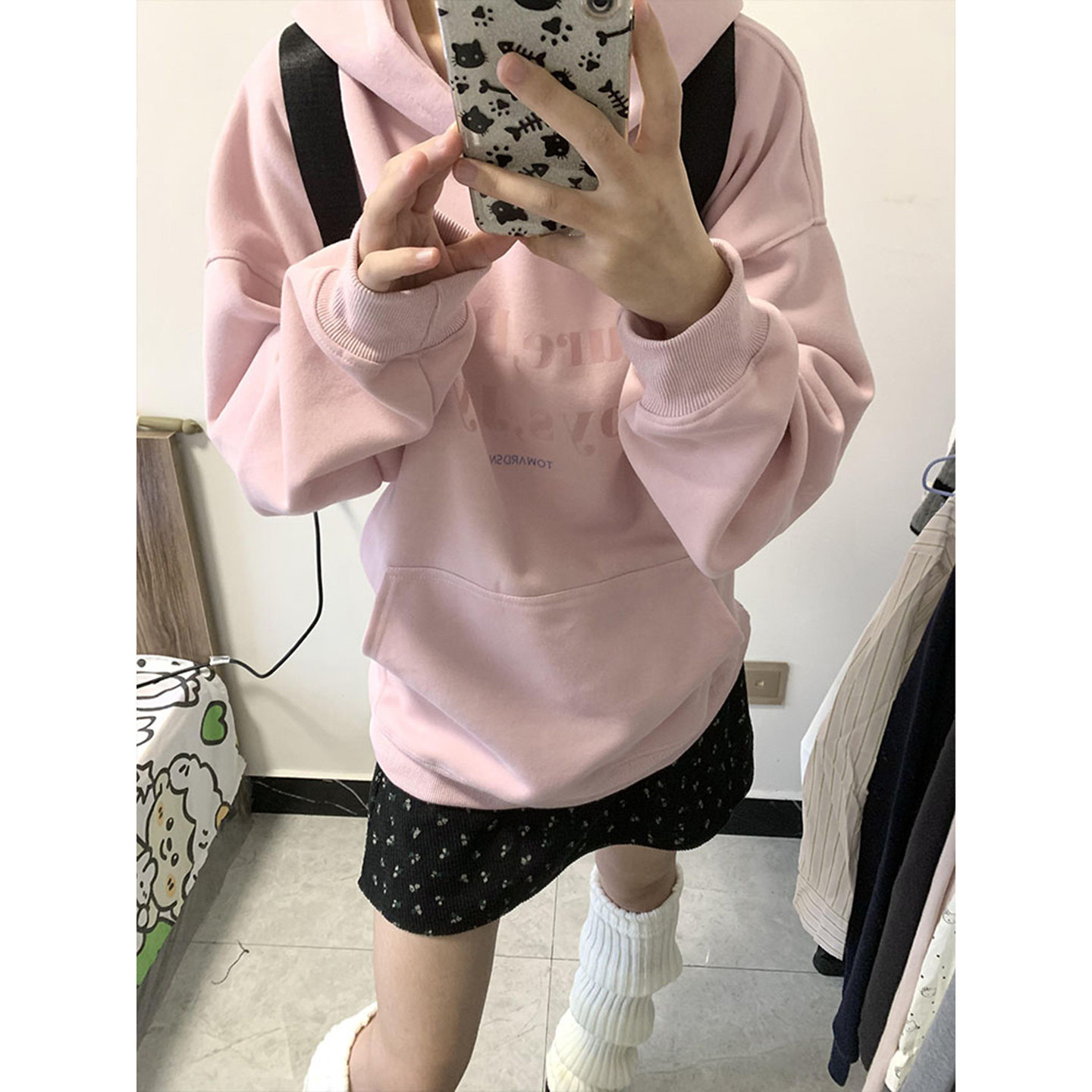 粉色温柔风字母印花连帽卫衣女秋冬宽松慵懒高级感休闲百搭外套潮