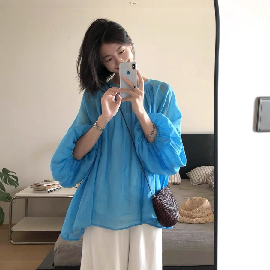 多巴胺穿搭~ 夏季薄款纯色亚麻宽松长袖衬衫防晒空调衬衣女日系