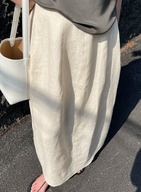 日韩系2026夏季新品亚麻两色乳白色质感麻料廓形气质范半身裙女